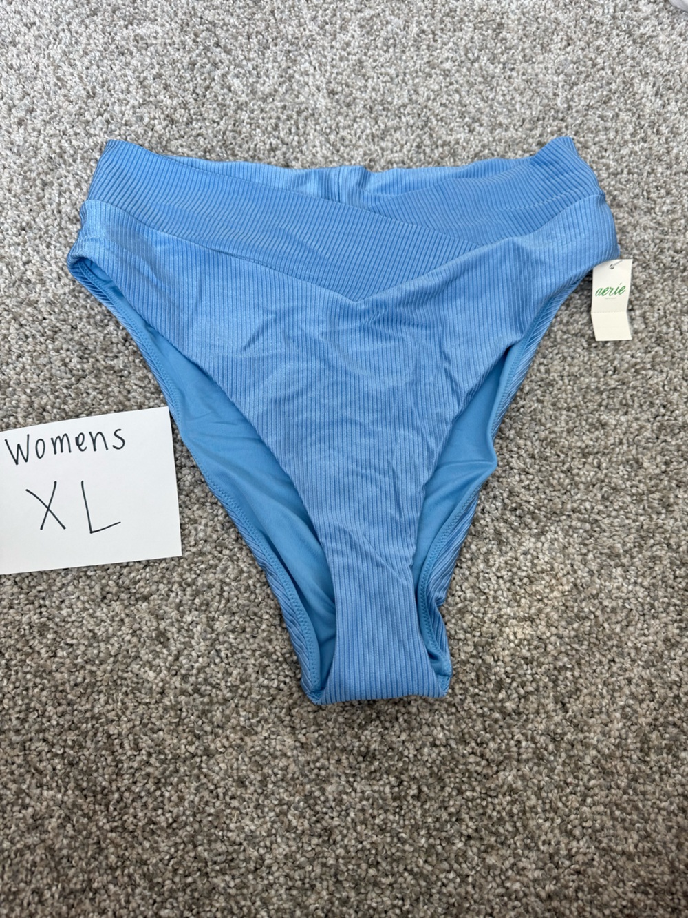 aerie Ribbed High-Cut Bikini Bottoms in Light Blue